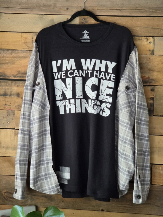 Trapos by Sonia Ruiz (upcycled) Tops - Upcycled Graphic T-shirt With  Gray Plaid Sleeves